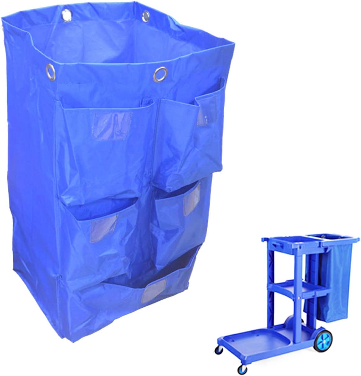 Replacement Janitorial Cart Bag, High Capacity Waterproof Thickened Housekeeping Commercial Janitorial Cleaning Cart Bag with 6 Brass Grommets - 25 Gallon (Blue with 5 Pockets)