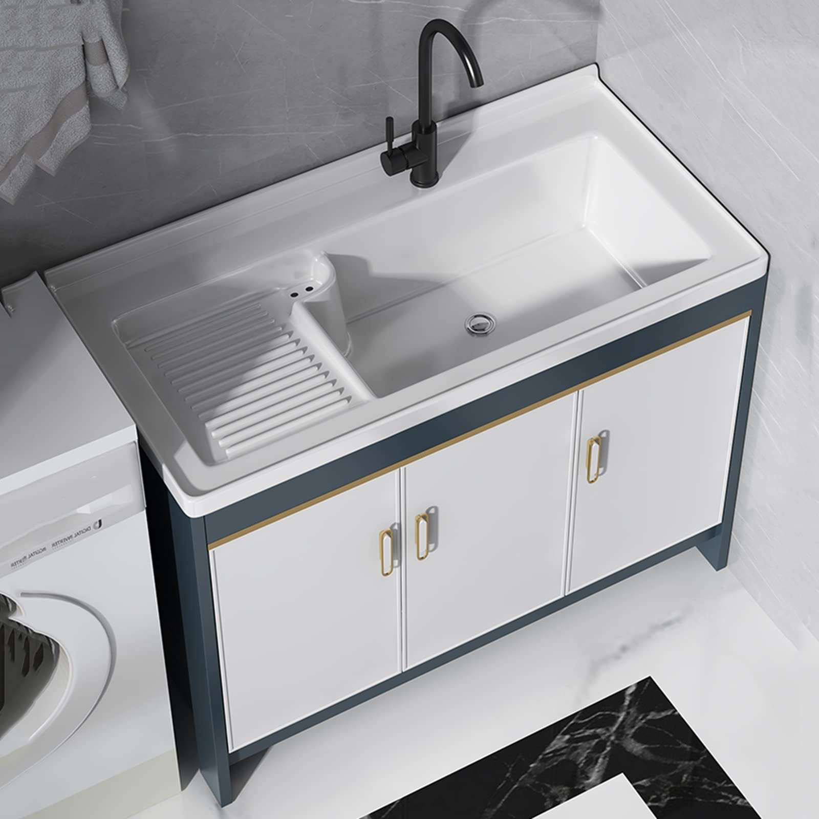 DFGHNBVC Laundry Sink With Cabinet, Ceramic Freestanding Utility Handwashing Station For Room, Utility Room, Garage, Basement, Outdoor And Indoor, Contemporary