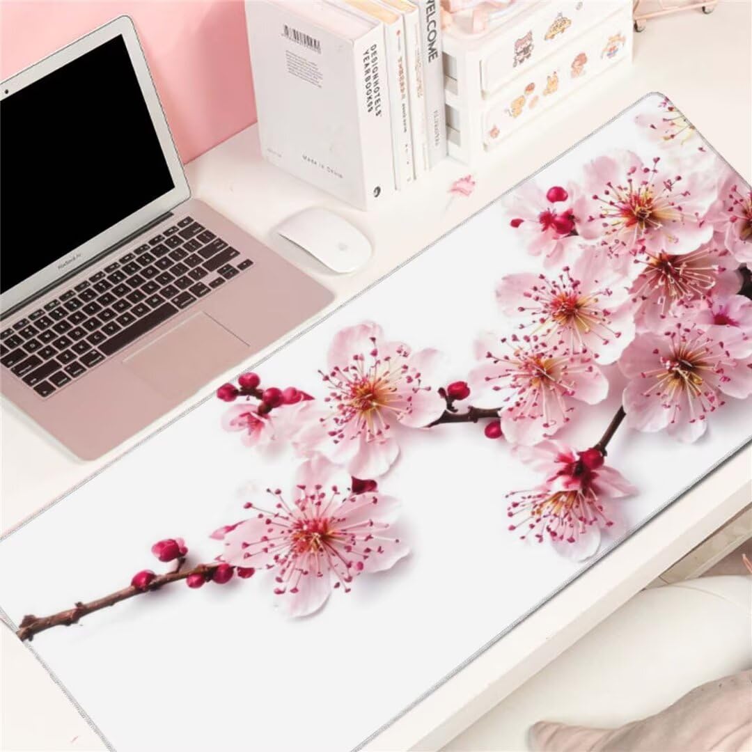 Alfombrilla de ratón 1400x600x3 MM, Alfombrilla Ratón XXL Extendida de Gran Tamaño con Bordes Cosidos, Base de Goma Antideslizante Almohadilla para Teclado, Flores de Cerezo Rosas S-4043