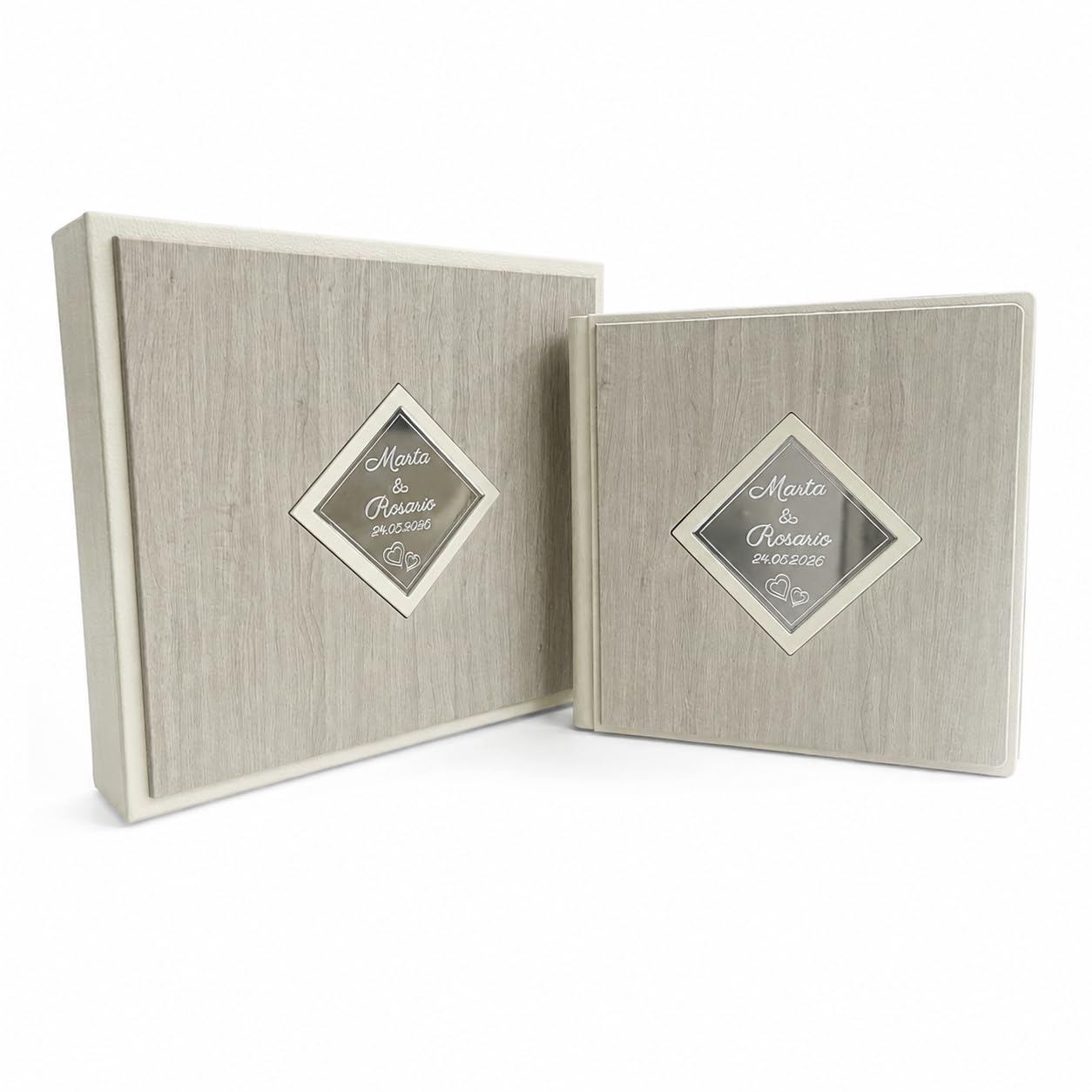 Album Fotografico Artigianale -Zenith Onda- in ecopelle effetto legno con profili a contrasto, Rombo centrale a specchio Personalizzabile, Matrimonio,Anniversario,Comunione,Eventi (Ghiaccio)