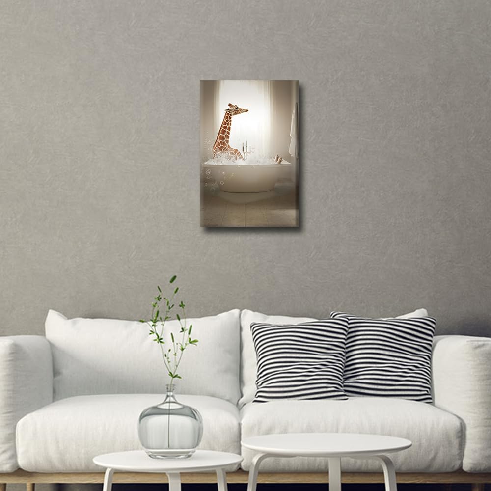 Funny Decor Bathroom Wall Decor Art Canvas Framed Giraffe Bubble Bath for Women Men Giraffe Poster Decor Retro Bathtub Bar Home Decor Ready to Hang - Image 4