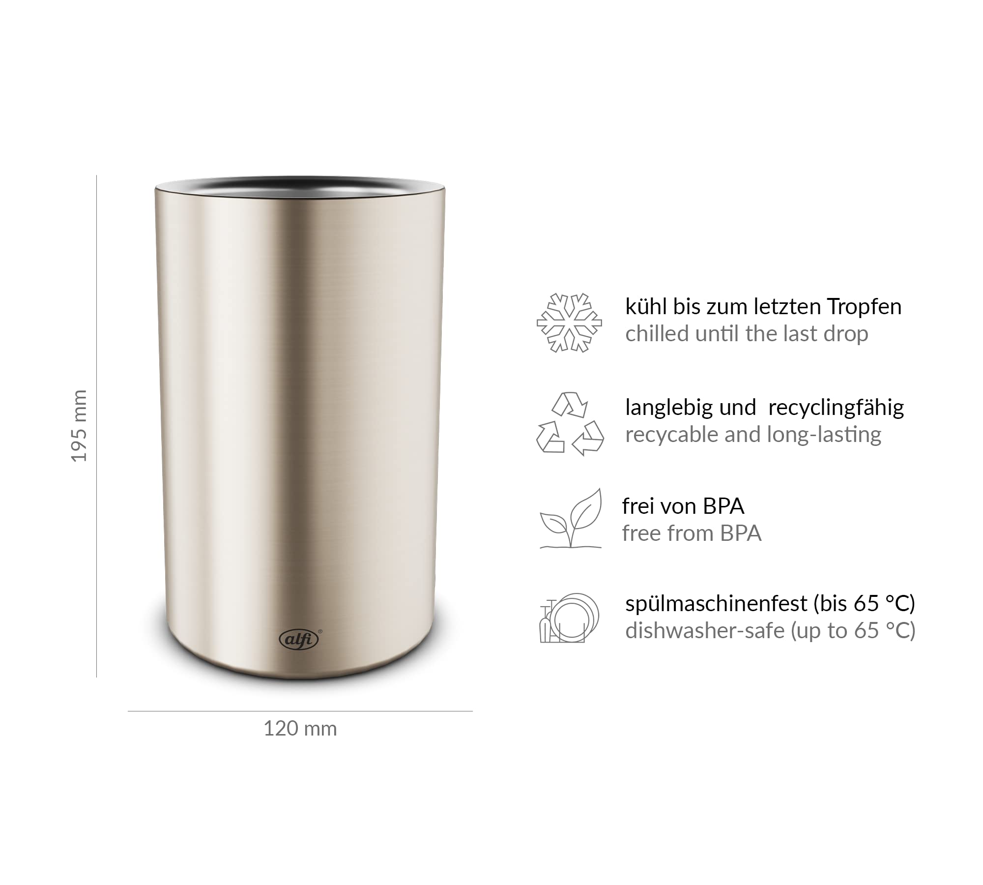 alfi Vino, Stainless Steel Polished, Enfriador de Acero Inoxidable para Botellas de 0,70-1 l, Mantiene el frío sin Agua de condensación ni Hielo, Bebidas frías hasta la última Gota