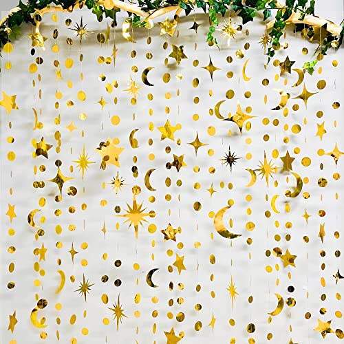 Image of Gold Star Moon Party Decorations Gold Circle Dot Garland Crescent and Twinkle Little Star Streamer Banner for to The Moon Birthday Witchy Whimsical Ramadan EID Mubarak Celestial Decor Supplies