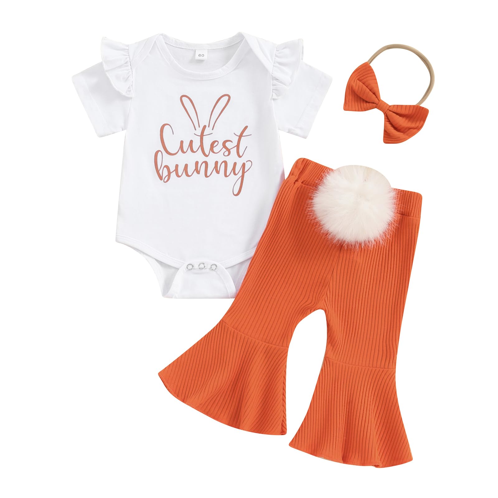 Newborn Easter Outfit Girl Bunny Onesie Short Sleeve Romper Pompon Bell Bottoms Set My First Easter Baby Girl Outfit(A-White,0-3 Months)