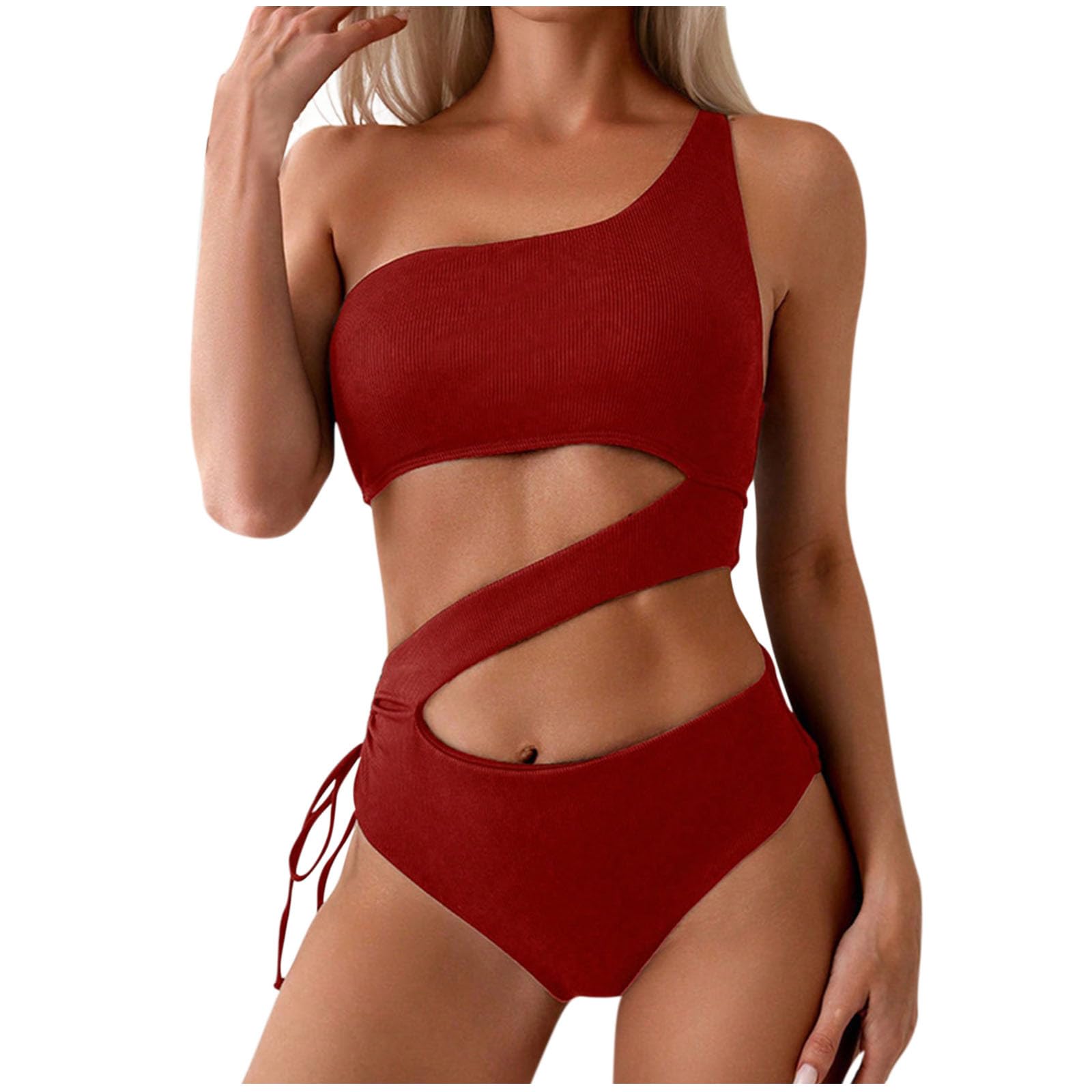 oiangi One Piece Swimsuit Women One Shoulder Cutout High Cut Swimwear Solid Irregular Drawstring Tie Side Sexy Bathing