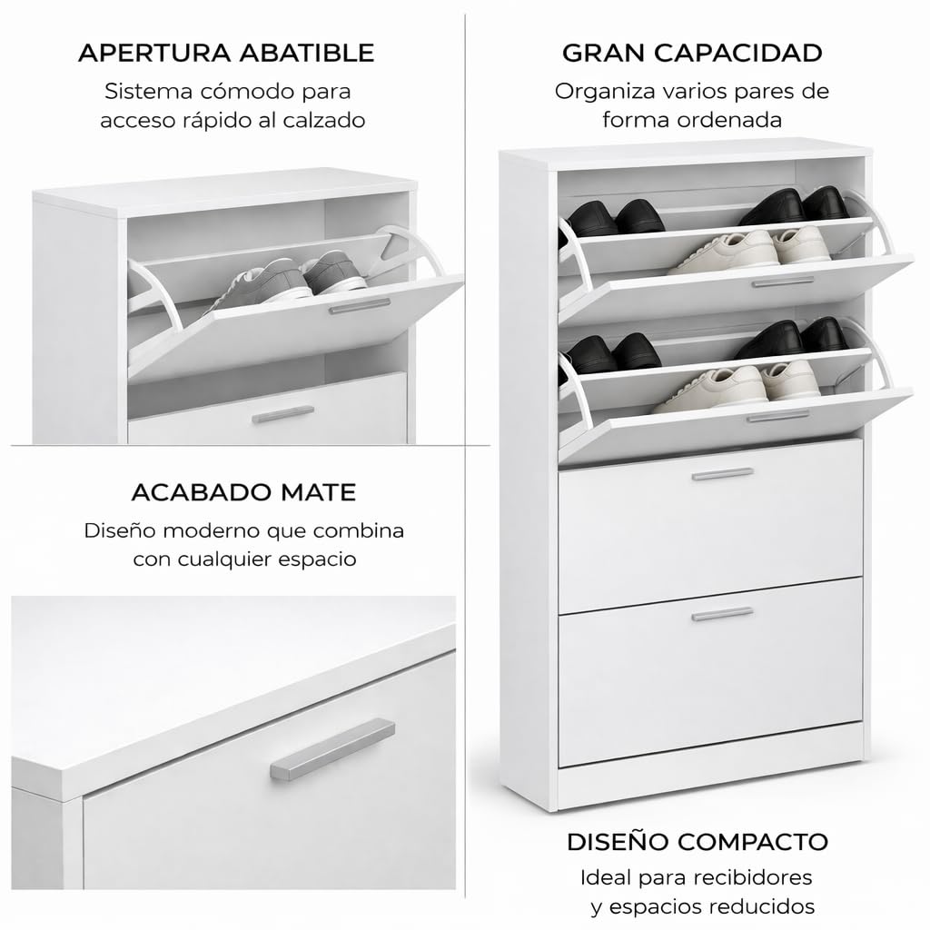 Acomoda Textil - Zapatero 3 Niveles de Madera, Amplio, Resistente y de Fácil Instalación 60x24x115 cm. Organizador de Zapatos Moderno, Fácil Montaje y Robusto. (Blanco)