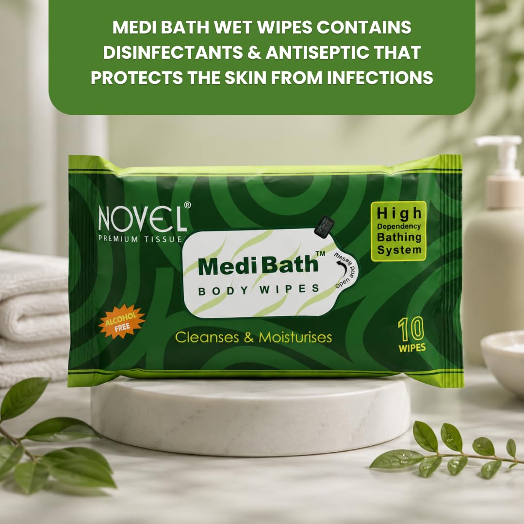 Novel Medi Bath Wet Wipes for cleaning 10 Wipes x Pack of 6 (60 Wipes) | Sponge wipes for Adults with Antiseptic Agent | Enriched with Aloe Vera, Vitamin E | Ready to Use Bed Bath Towel for Men & Women for Cleaning & Moisturizing 1
