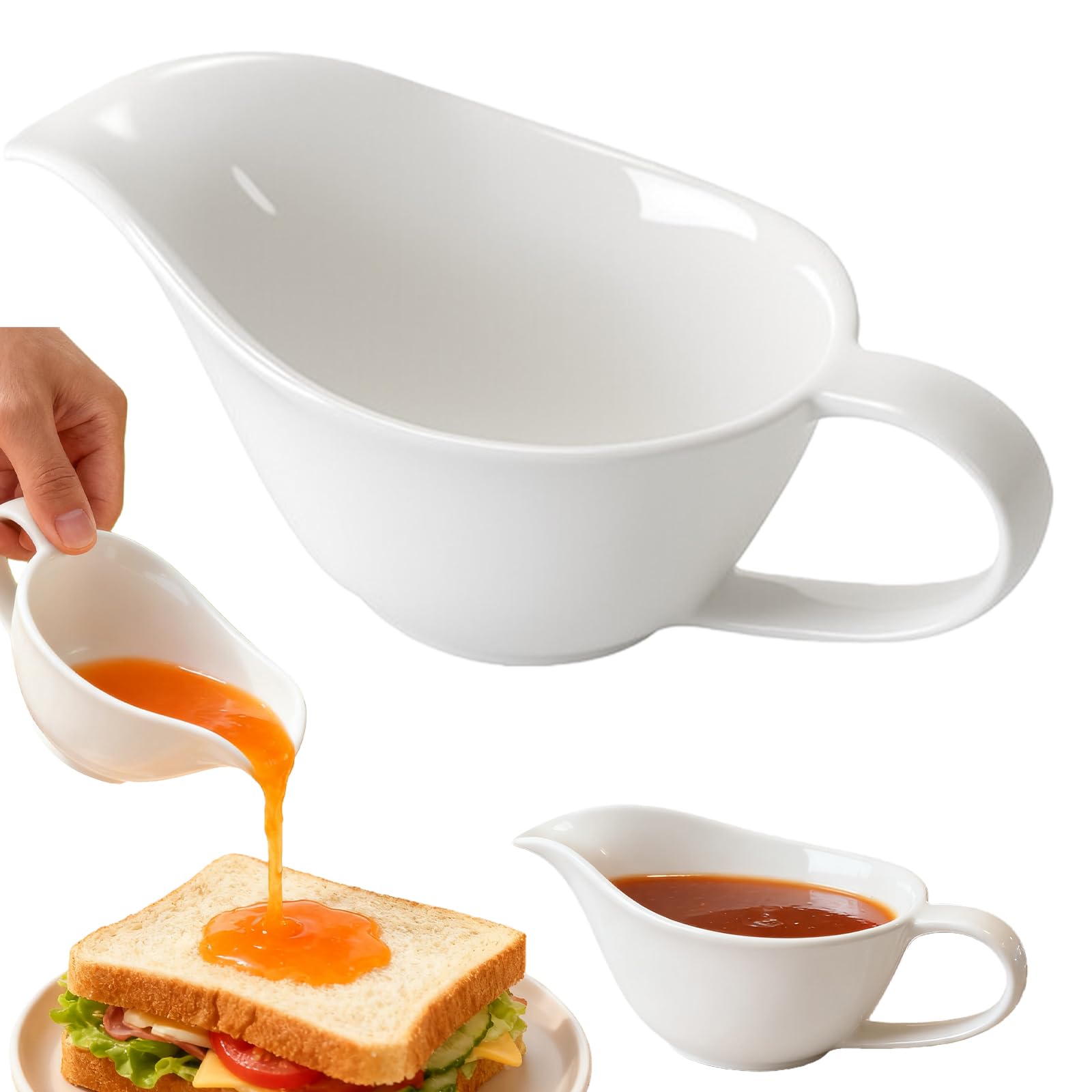 Salsera de porcelana: 20 × 20 × 14 cm, salsera de porcelana de cerámica, esmalte de color Por zellan, recipiente para salsas, salsas con asa para mesa de comedor, crema, caldo de leche (blanco)