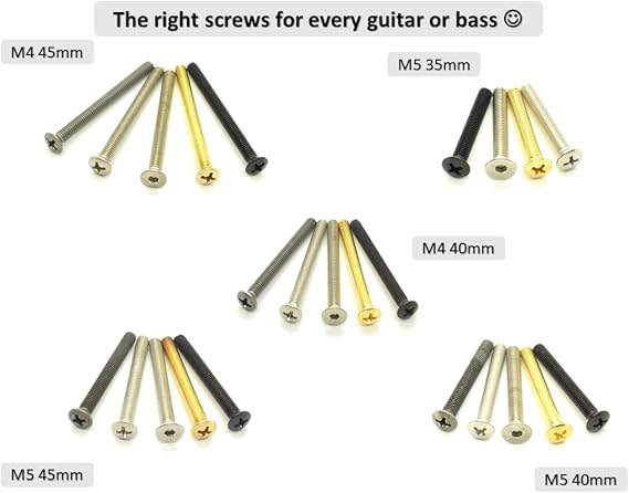 Guitar Neck Screws & Threaded Inserts – Hex/Allen – for Fender Stratocaster & Telecaster – M5, 40 mm (Set of 4 with Mounting Tool)
