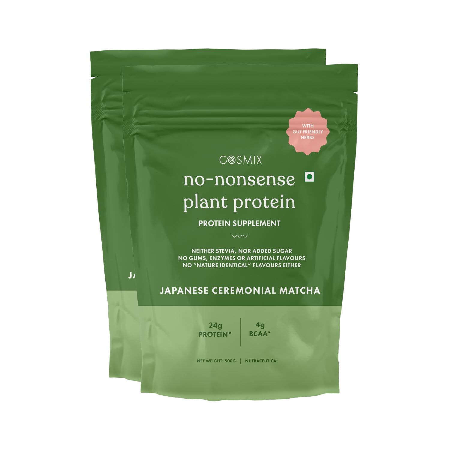 Cosmix No Nonsense Plant Protein | Organic Pea & Brown Rice Isolate | Vegan | 24g Protein/Serving | Easy To Digest | All Essential Amino Acids- 1 kg | Japanese Ceremonial Matcha - 500g (Pack of 2)