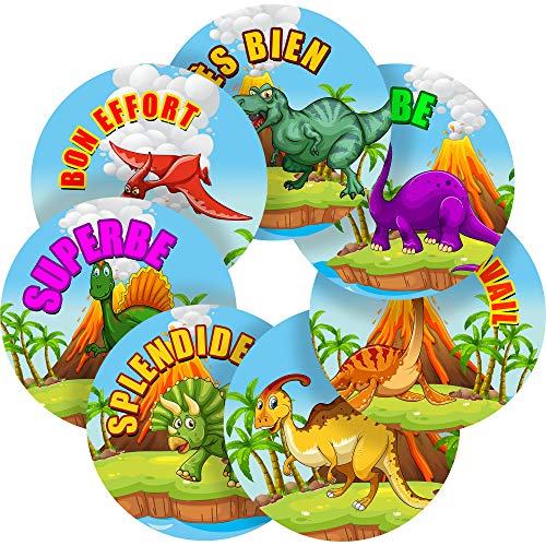 Dinosaurs Motivational Praise French Lessons Reward Sticker Labels, 70 Stickers @ 1