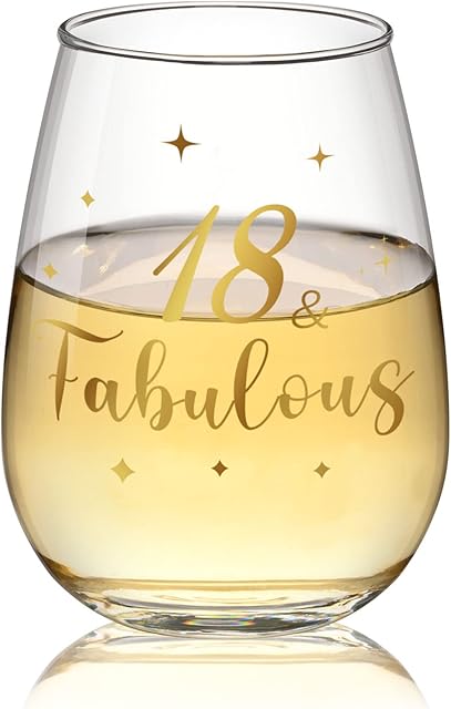 18th Birthday Gifts for Girls - 18 and Fabulous, Golden 18th Wine Glass Gifts for Birthday Christmas Wedding Decor Personalised Anniversary Presents for Friends Man Woman, 15 Oz