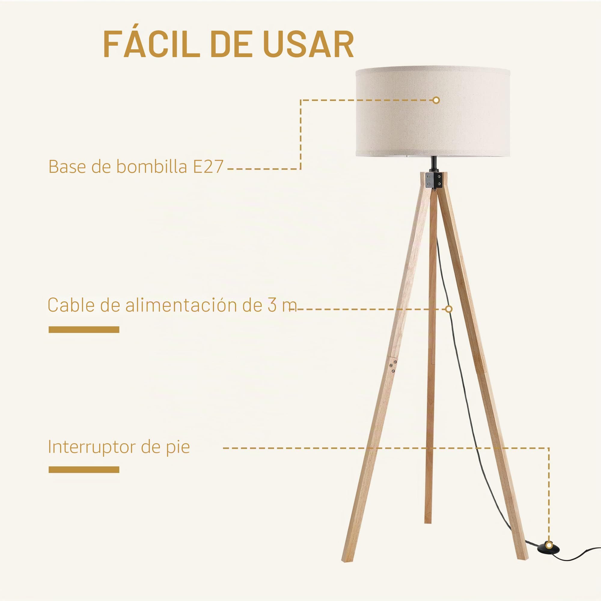 HOMCOM - Lámpara de pie trípode estilo escandinavo (40 W, máx. Dom. 45 x 45 x 152 cm. Madera de pino lino beige
