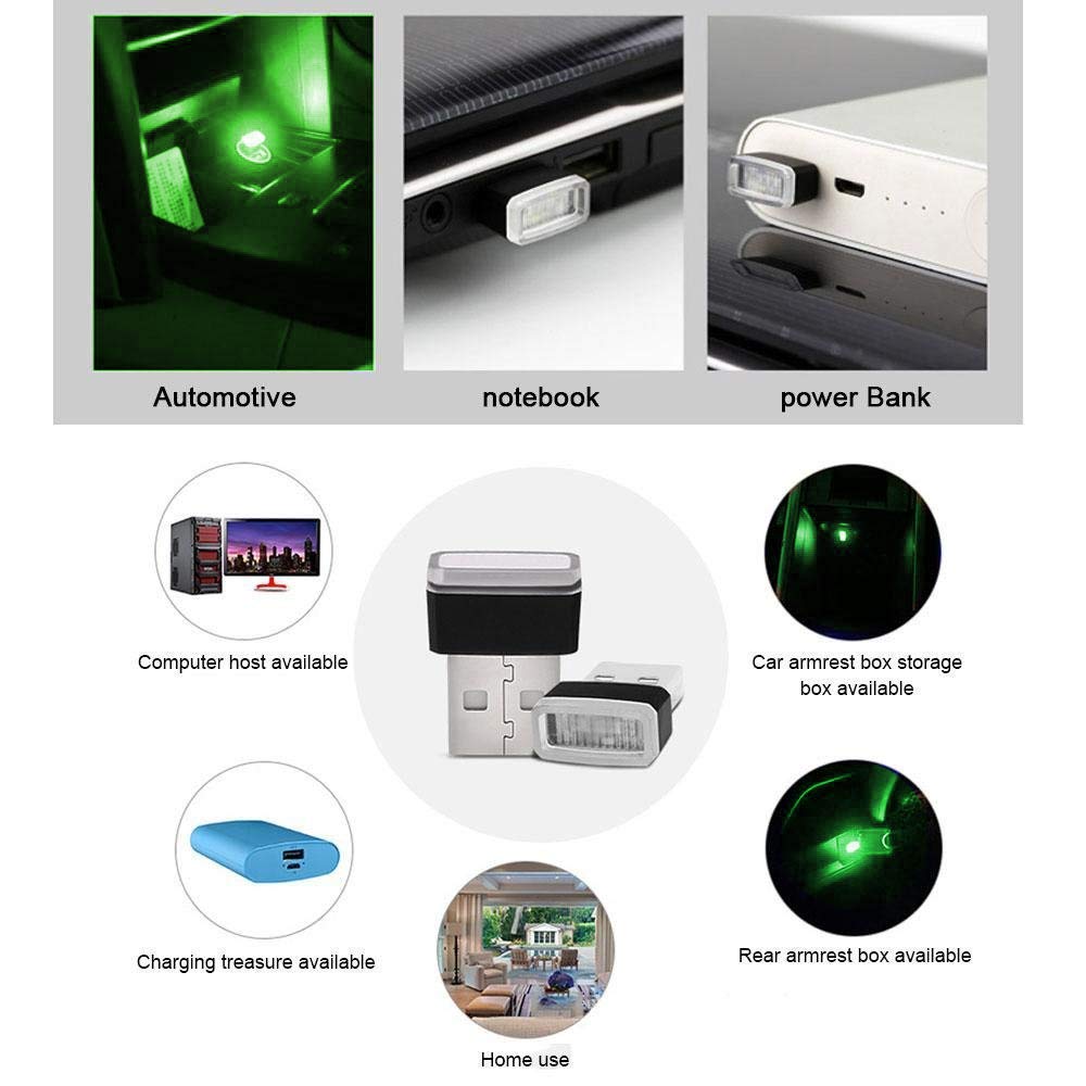 CTRICALVER Luce USB Auto, 5pcs Luci Ambiente, 5V Mini Kit per interni per auto, Interne LED Portatili, per la maggior parte dei dispositivi con porte (verde）