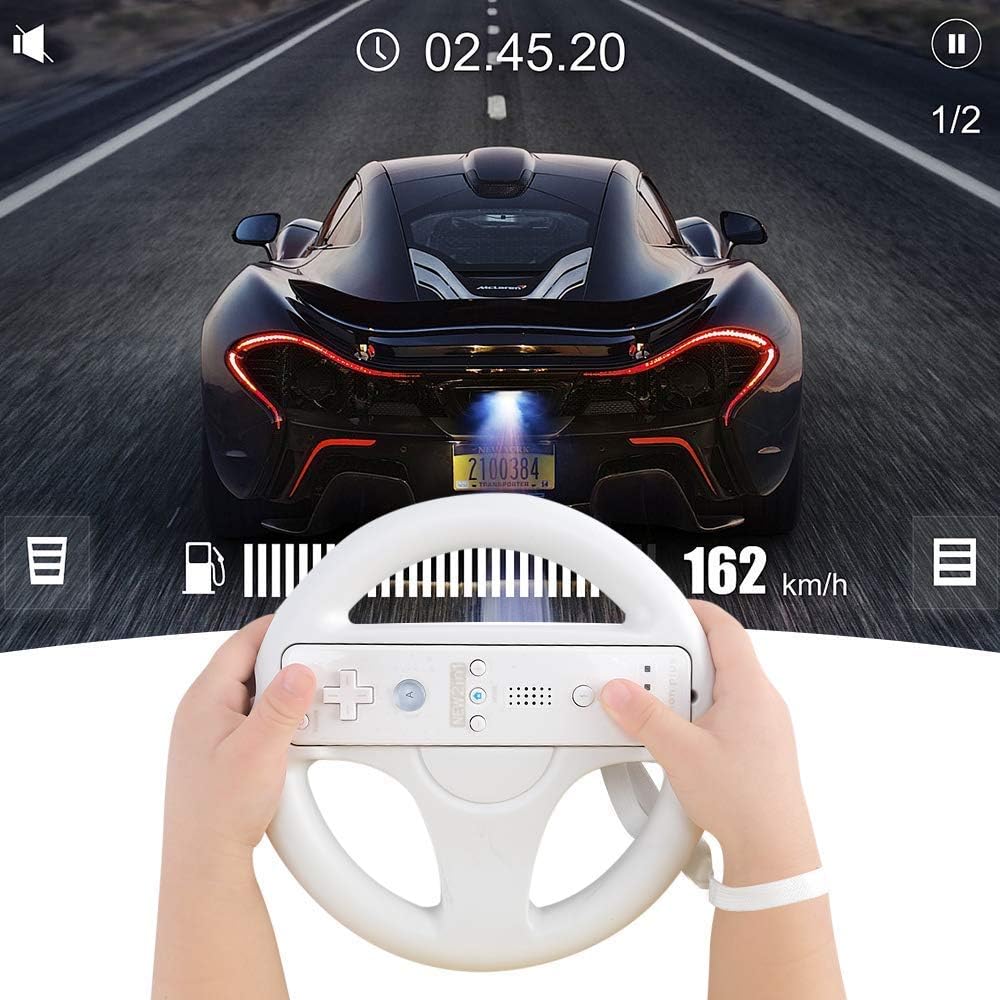 PowerLead Steering Wheel for Wii Controller, 2 pcs White Racing Wheel Compatible with Mario Kart, Game Controller Wheel for Nintendo Wii Remote Game-White