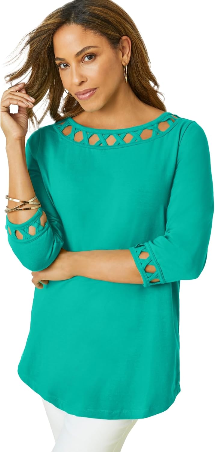 Jessica London Women's Plus Size Stretch Cotton Lattice Boatneck Tunic