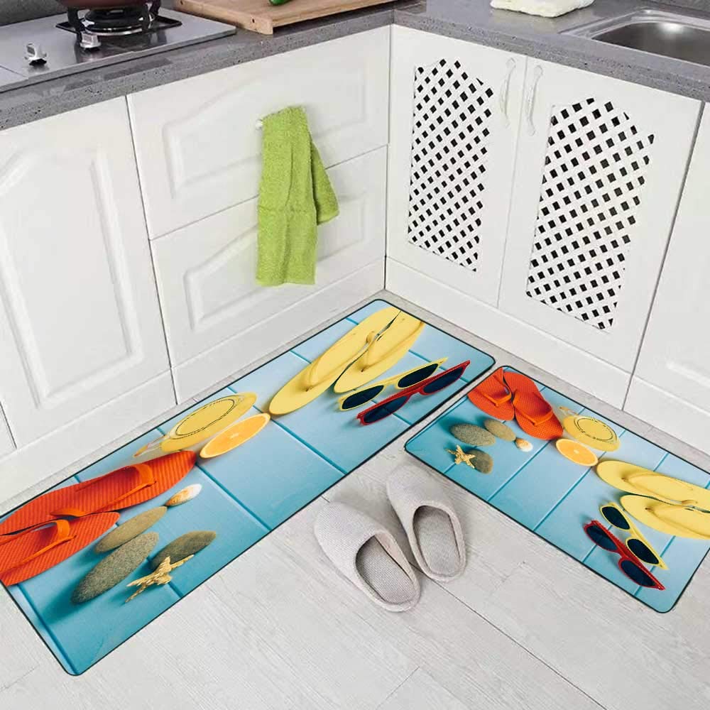 Musesh Kitchen Rugs 2 Pieces,Flip Flops Ball Tablet Seashell Starfish Tropical Flowers Sandy Beach Soft Non-Slip Kitchen Mat Set 17"X48"+17"X24" Rug for Kitchen