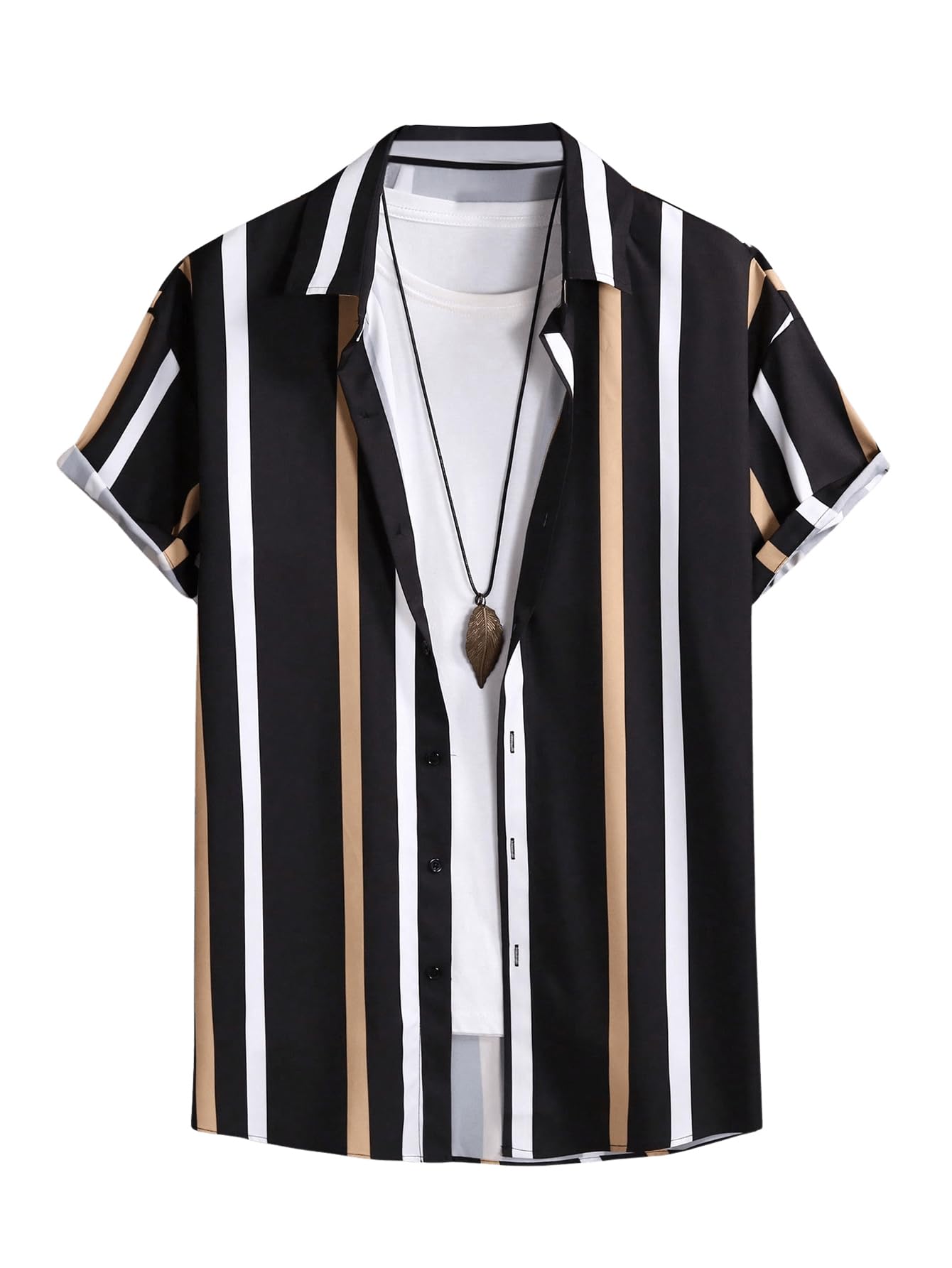 OYOANGLE Men's Color Block Striped Print Short Sleeve Button Up Casual Shirt