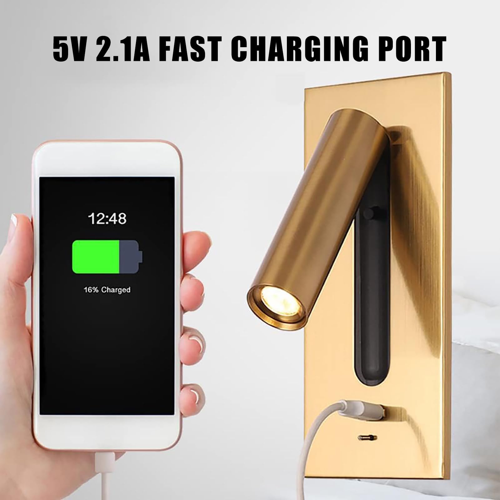 Aplique De Pared De Cama Moderno Integrado Ajustable Con Puerto Usb De 5v 2.1a, Luz De Lectura Led Montada En La Pared LáMpara De Lectura De Cabecera Blanca CáLida 3000k,Chrome-USB+type-c