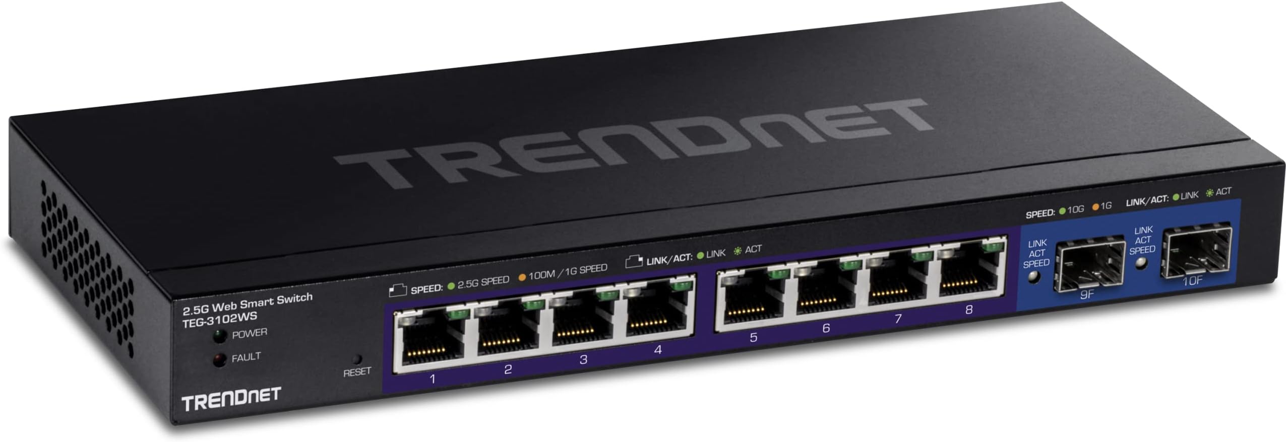 TRENDnet 10-Port Multi-Gig Web Smart Switch, TEG-3102WS, 8 x 2.5GBASE-T Ports, 2 x 10G SFP+ Slots, Ethernet Splitter, Metal Housing, NDAA & TAA Compliant, Lifetime Protection, Black
