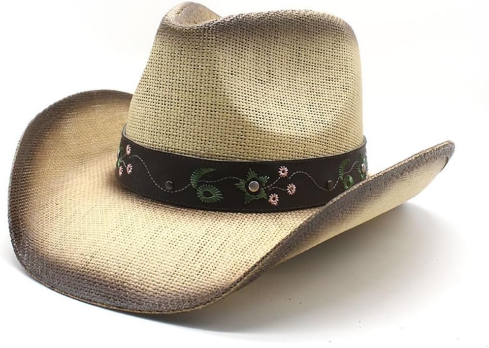 Western Cowboy Hat with Embroidered Band, Brown Straw, Distressed Vintage Look