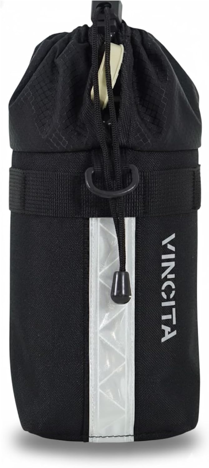 Vincita Voyage Insulated Bike Stem Bag – Water Bottle & Snack Holder for Folding Bikes (Brompton/Dahon/Tern), One-Hand Drawstring, Flat Back Design, 0.75L–1L, (Black, Medium)