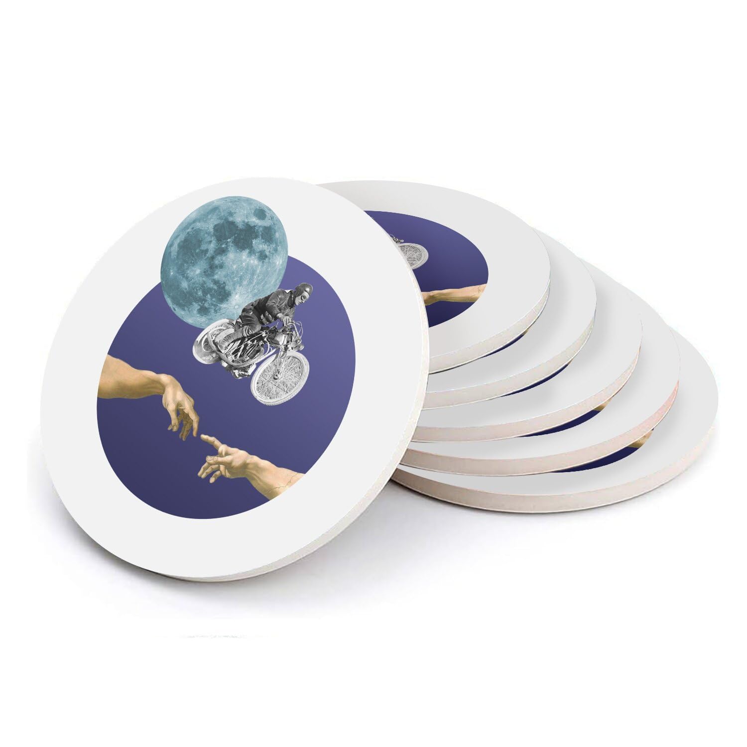 Sous-verre motard volant art surréalisme en céramique ronde 108mm lot de 6