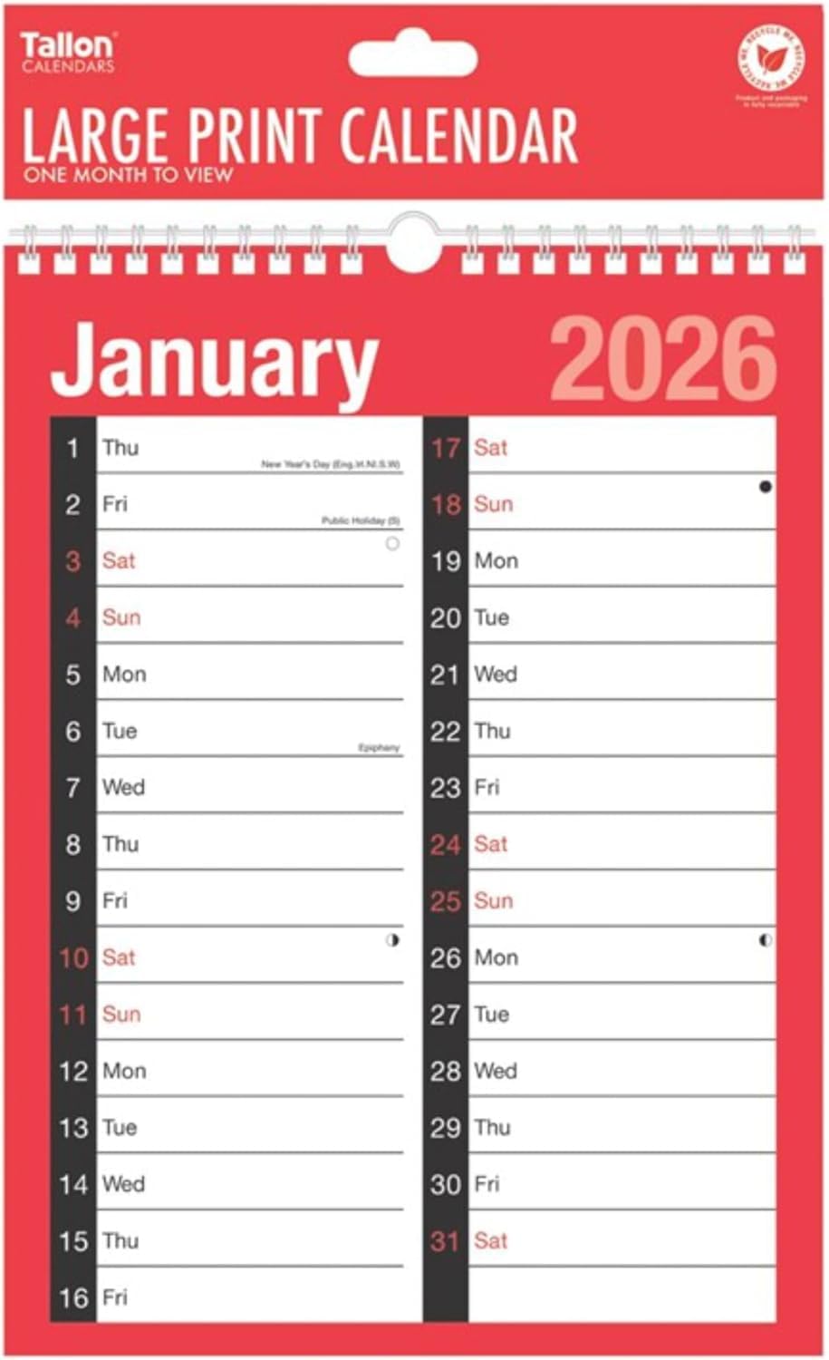 FIRST CHOICE KAYA 2026 Wallplanner R&B - A4 2 Column Month to View Slim Wallplanner Spiral Bound Calendar for Home Business Office School