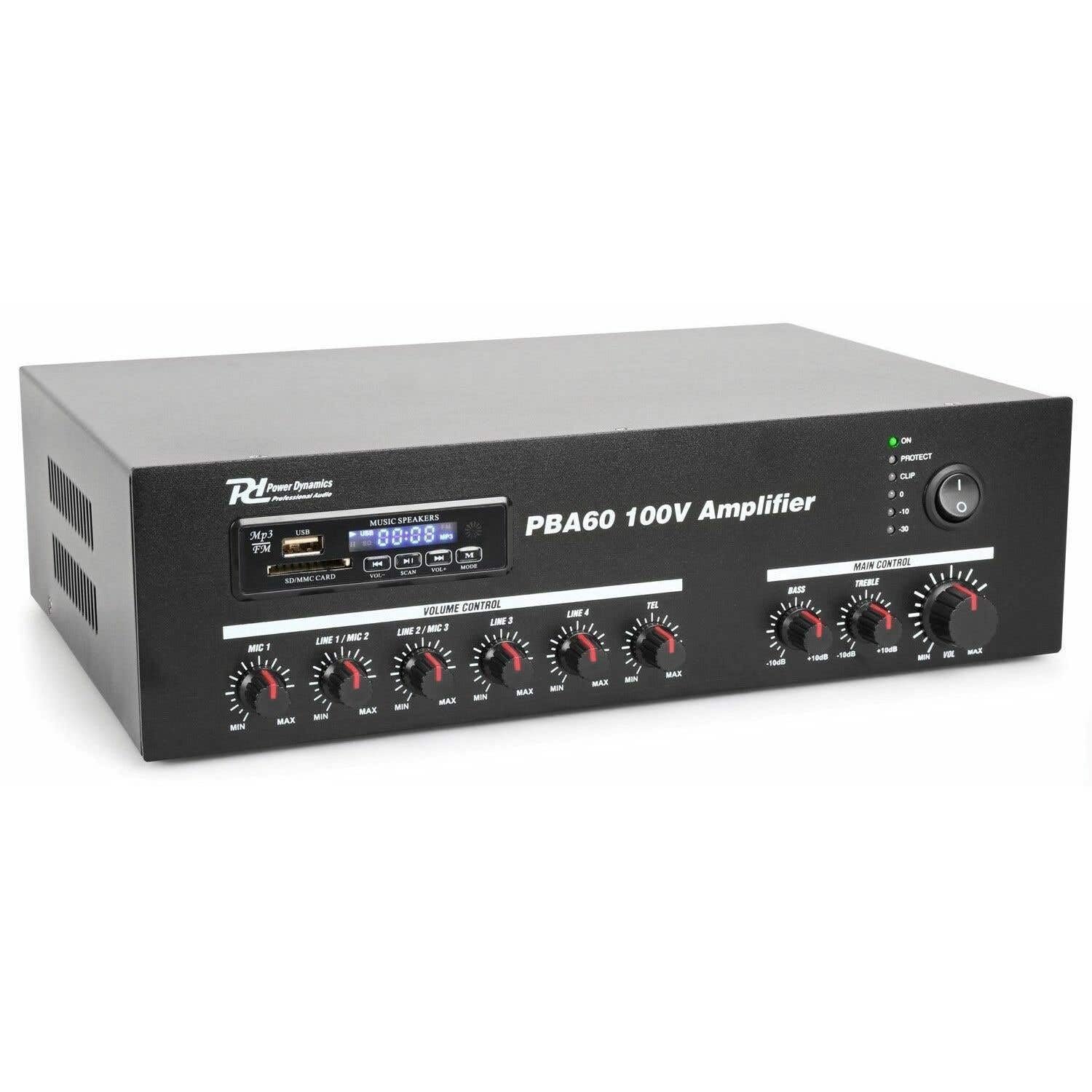 Power Dynamics PBA60 - Amplificateur Bluetooth, 60 Watts, 100 Volts, Télécommande, Radio, USB et SD, Lecteur MP3, Idéal pour la Musique et Les Discours