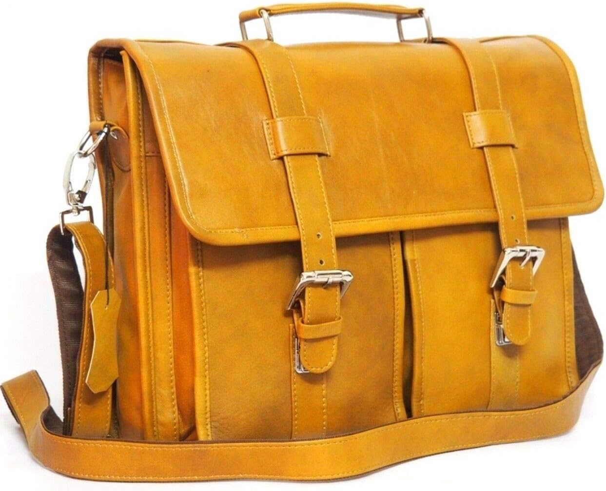 ITALIAN GENUINE LEATHER LAPTOP HAND BAG CROSS BODY 2 POCKETS (Camel)