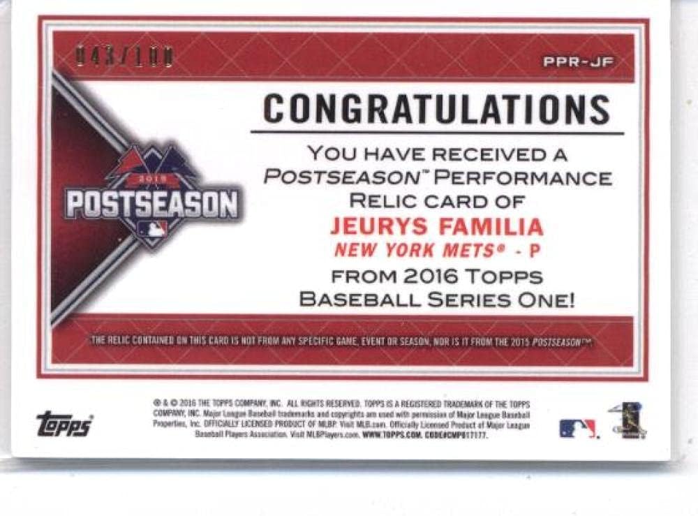 2016 Topps Postseason Performance Relics #PPR-JF Jeurys Familia Mets Baseball Card (Memorabilia/Game Used) SER/100 NM-MT