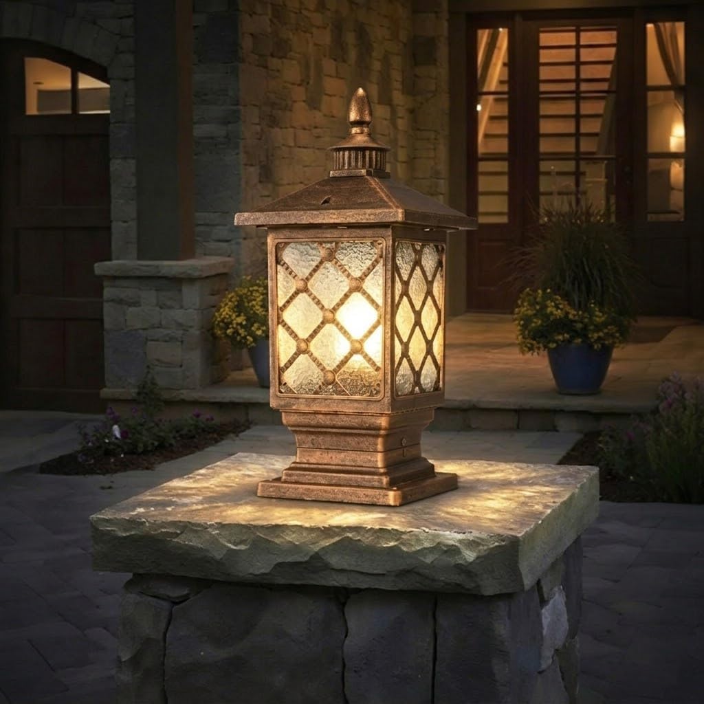 Outdoor Post Lights, Outdoor External Patio Landscape Glass Column Lantern E26 Fixture Traditional Waterproof Garden Post Light Aluminum Modern Fence Pillar Lamp