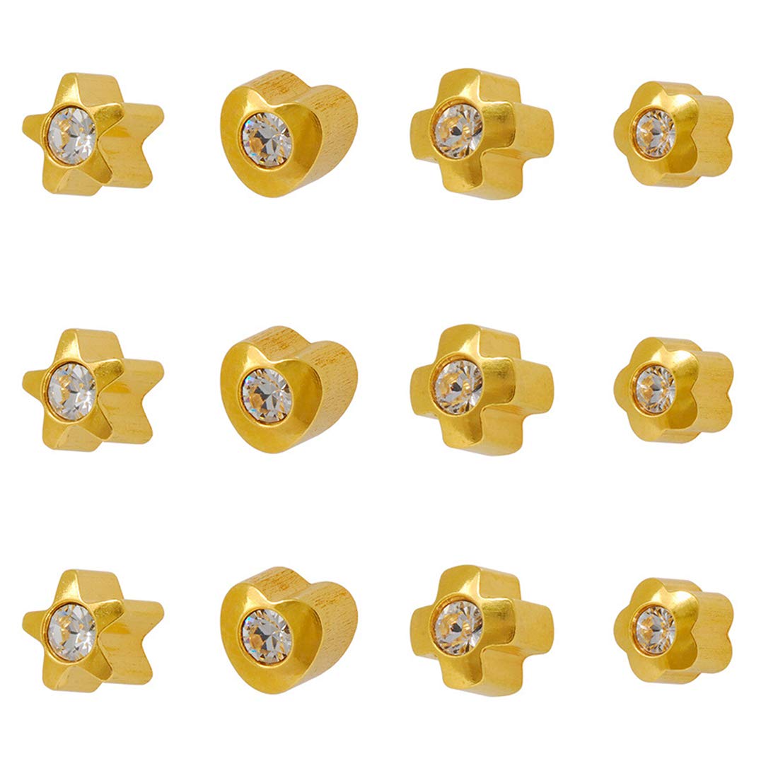 Womens 3Mm Assorted Shape-Lites With Crystal 24K Pure Gold Plated Piercing Ear Stud (12 Pair)|Ideal For Everyday Wear