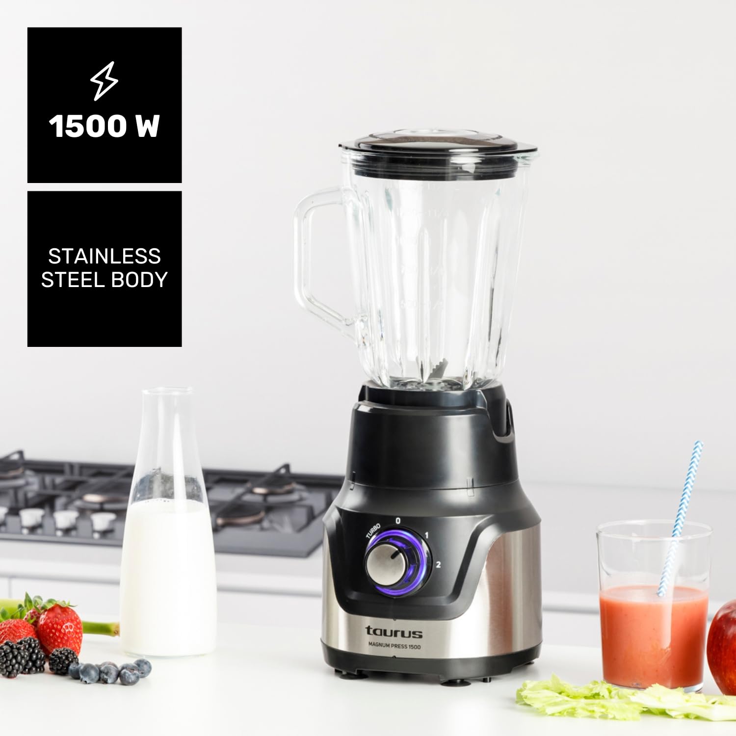 Taurus – Batidora vaso Magnum Press 1500 | Jarra cristal 1,5L | 1500W | 2 velocidades+Turbo | Cuchillas 4 filos Inox | Pica Hielo | Sistema bloqueo
