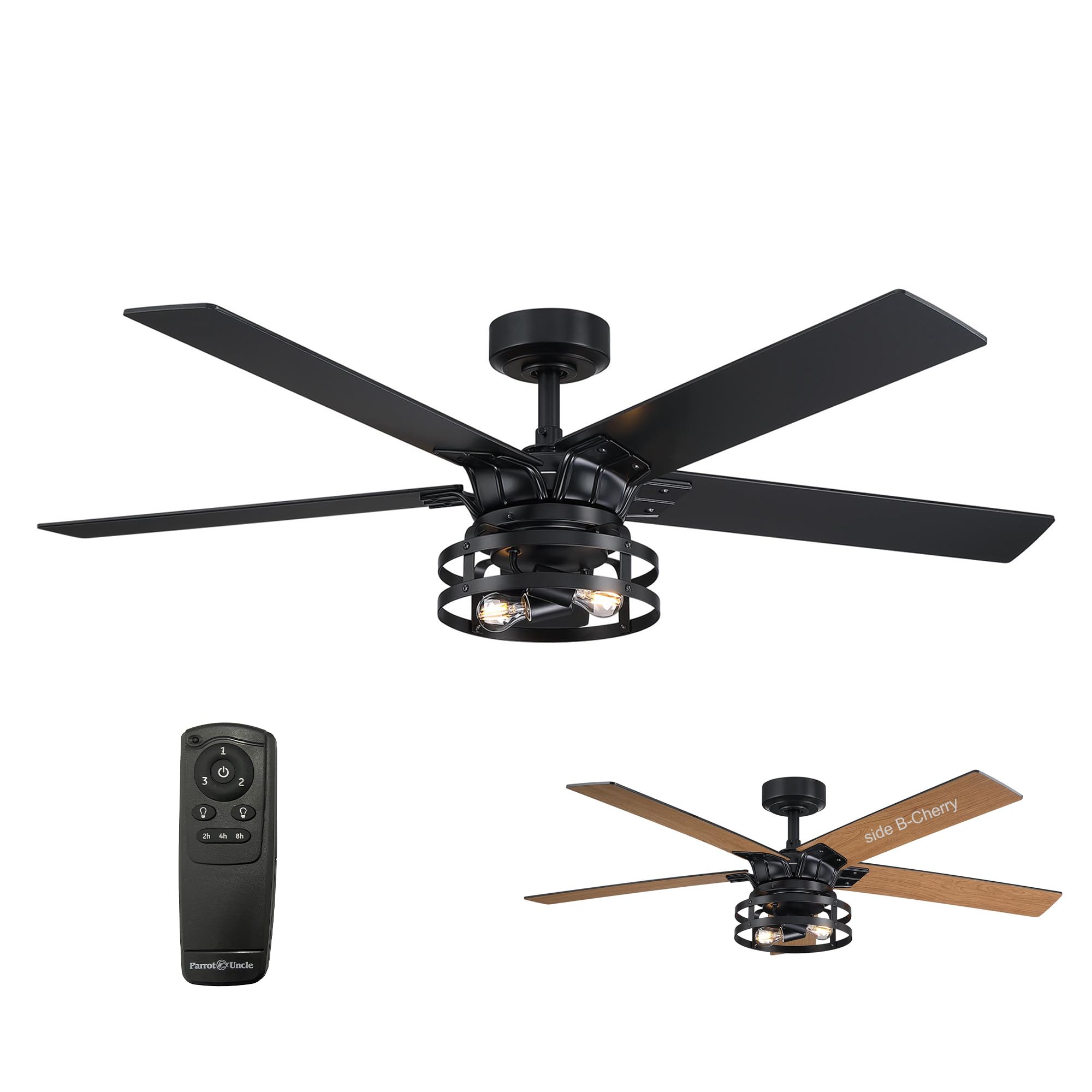Parrot Uncle Ceiling Fans with Lights and Remote 52 Inch Black Ceiling Fan with Light Farmhouse Outdoor Ceiling Fans for Patios Bedroom, 1 Piece