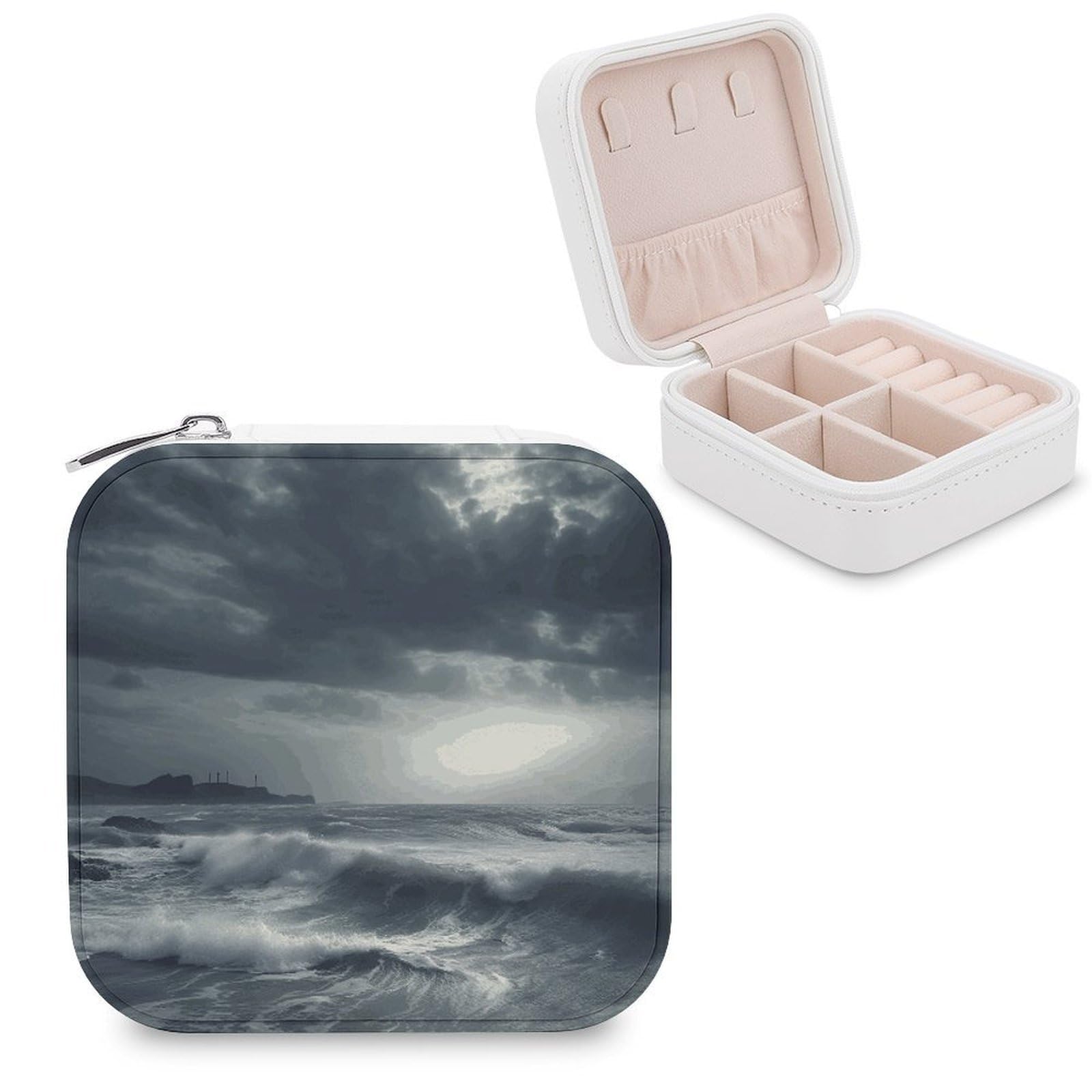MUSM Stormy Sea Travel Jewelry Case Personalized PU Leather Jewelry Boxes for Women Small Portable Jewelry Organizer Box Cute Trinket Box for Necklaces Rings Earrings & Gifts