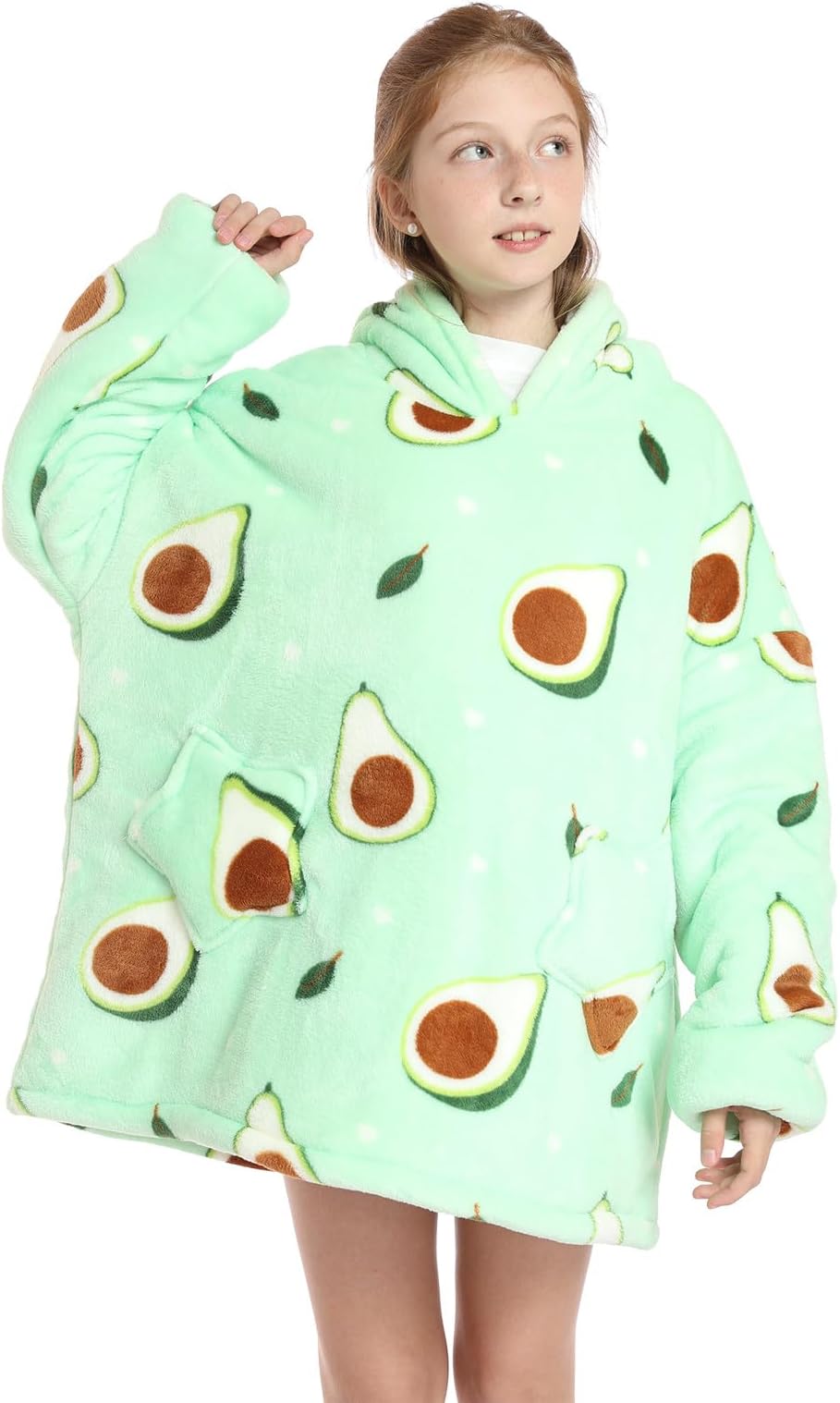 Deserthome Wearable Blanket Hoodie for Kids 6-12YR Oversized Animal Hooded Blanket Super Soft Comfortable Warm Flannel Green Avocado