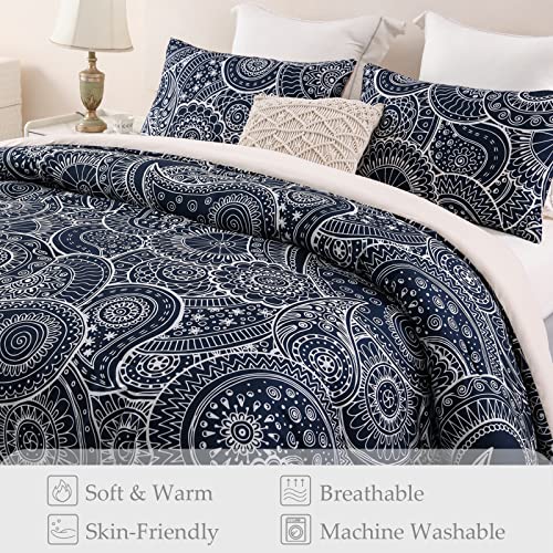 Whale Flotilla 3-Piece Queen Comforter Set, Soft Reversible Full Size Bedding Comforter Sets, Paisley Printed Down Alternative Comforter Duvet For All Seasons, Navy #TOP2