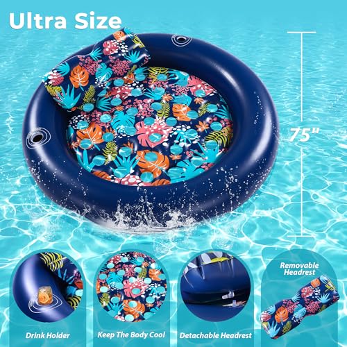 2-Person Pool Floats Adult Heavy Duty, Giant 75"X75" Inflatable Tanning Pool Mats with Cup Holders, Detachable Headrest, Multi-Purpose Water Lounger for Pool Party, Lake, Beach, River, Outdoor - image 2