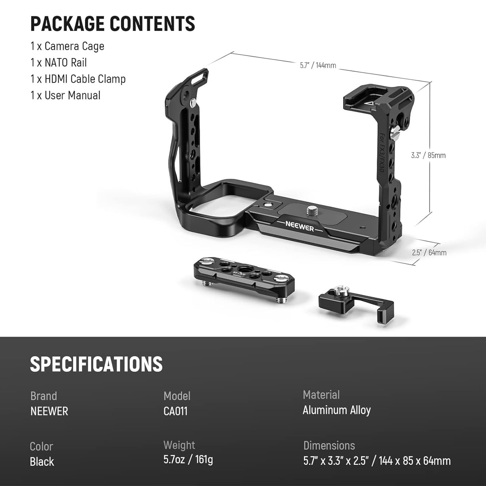 NEEWER FX3/FX30 Cage Gabbia per Fotocamera con Morsetto per Cavo HDMI, Guida NATO, Fori ARRI da 3/8", Filettatura 1/4" Compatibile con Sony FX3 FX30 Maniglia XLR Originale, Compatibile con DJI RS2 RS3