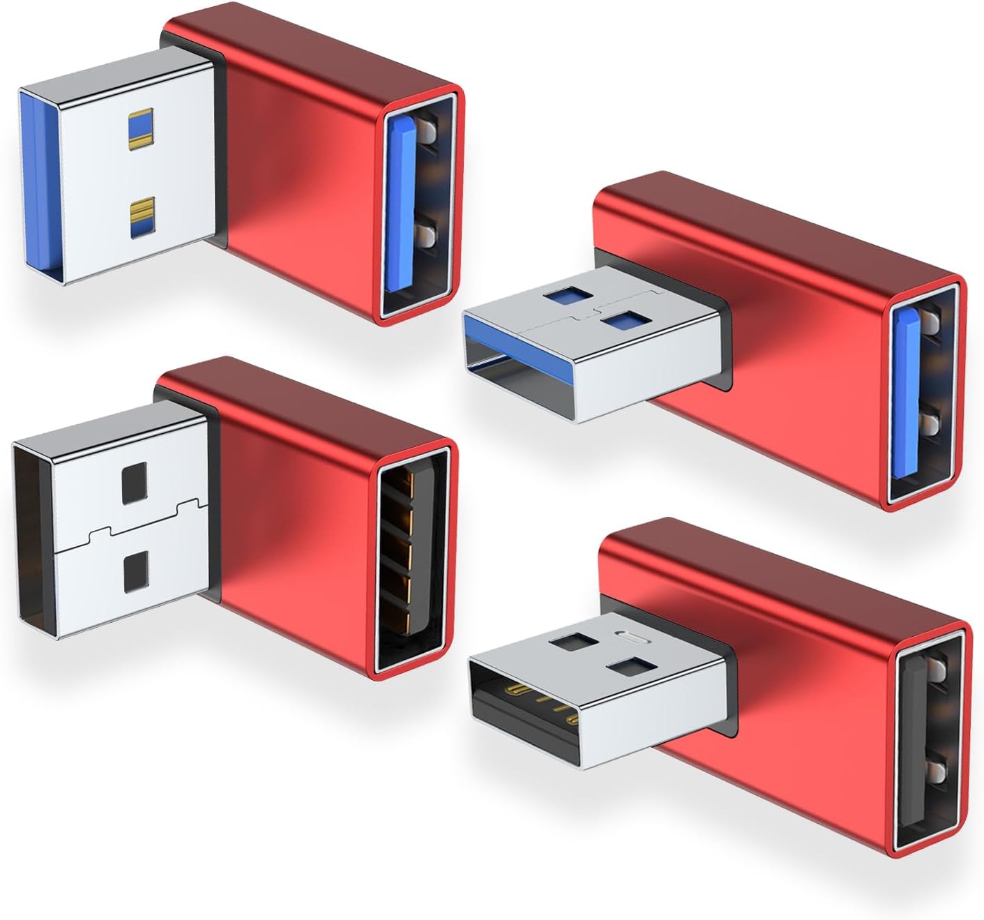 AreMe 90 Degree USB 3.0 Adapter 4 Pack, Up&Down, Left&Right Angle, Black | USB A Male to Female Converter Extender for PC, Laptop, USB A Charger, Power Bank and More