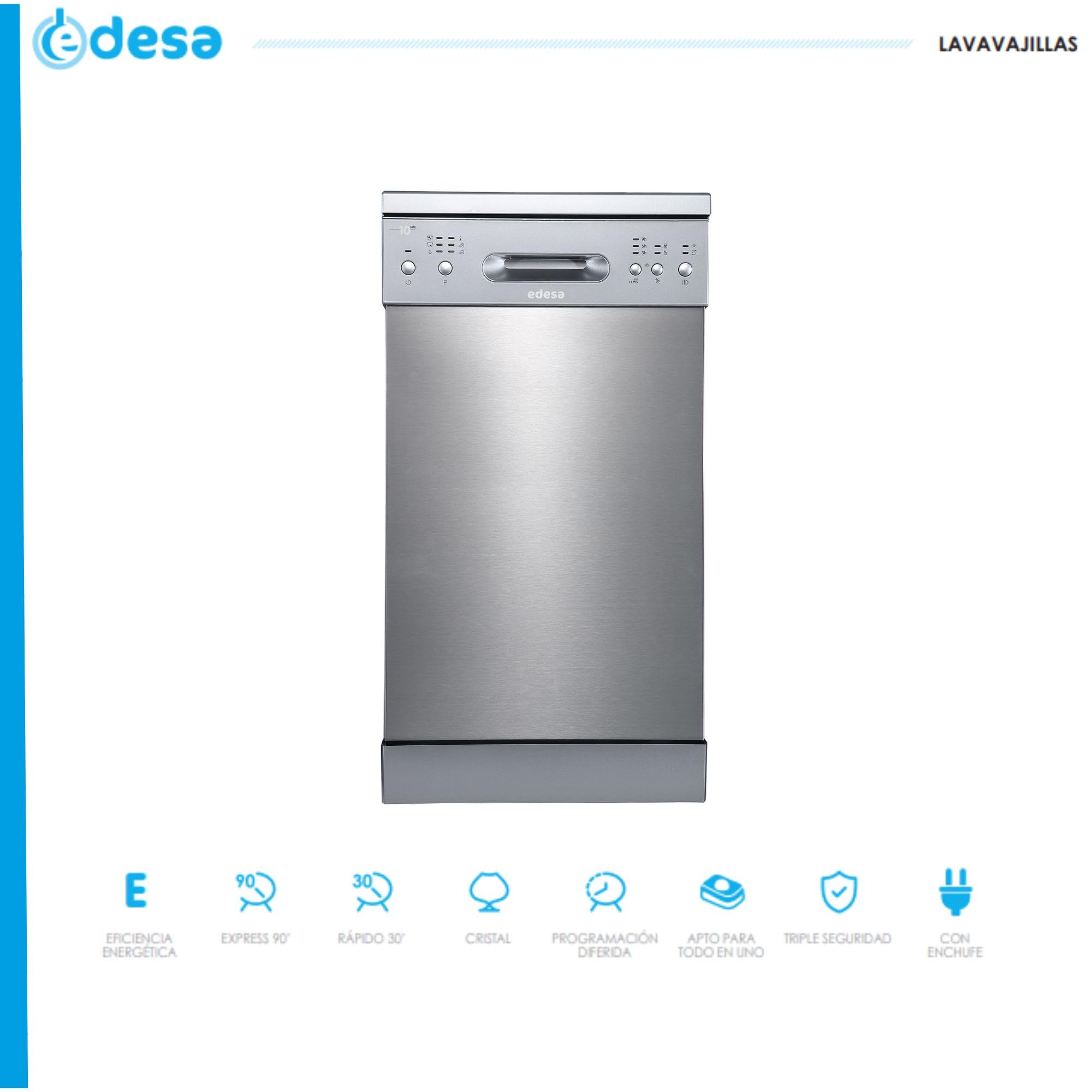 Edesa Lavavajillas Libre Instalación EDW-4610 X Ancho 45 cm 6 Programas, Lavado Silencioso 49 dB, Triple Sistema Seguridad LED 2 Cestillos Dispensador Detergente, Acero Inoxidable Gris