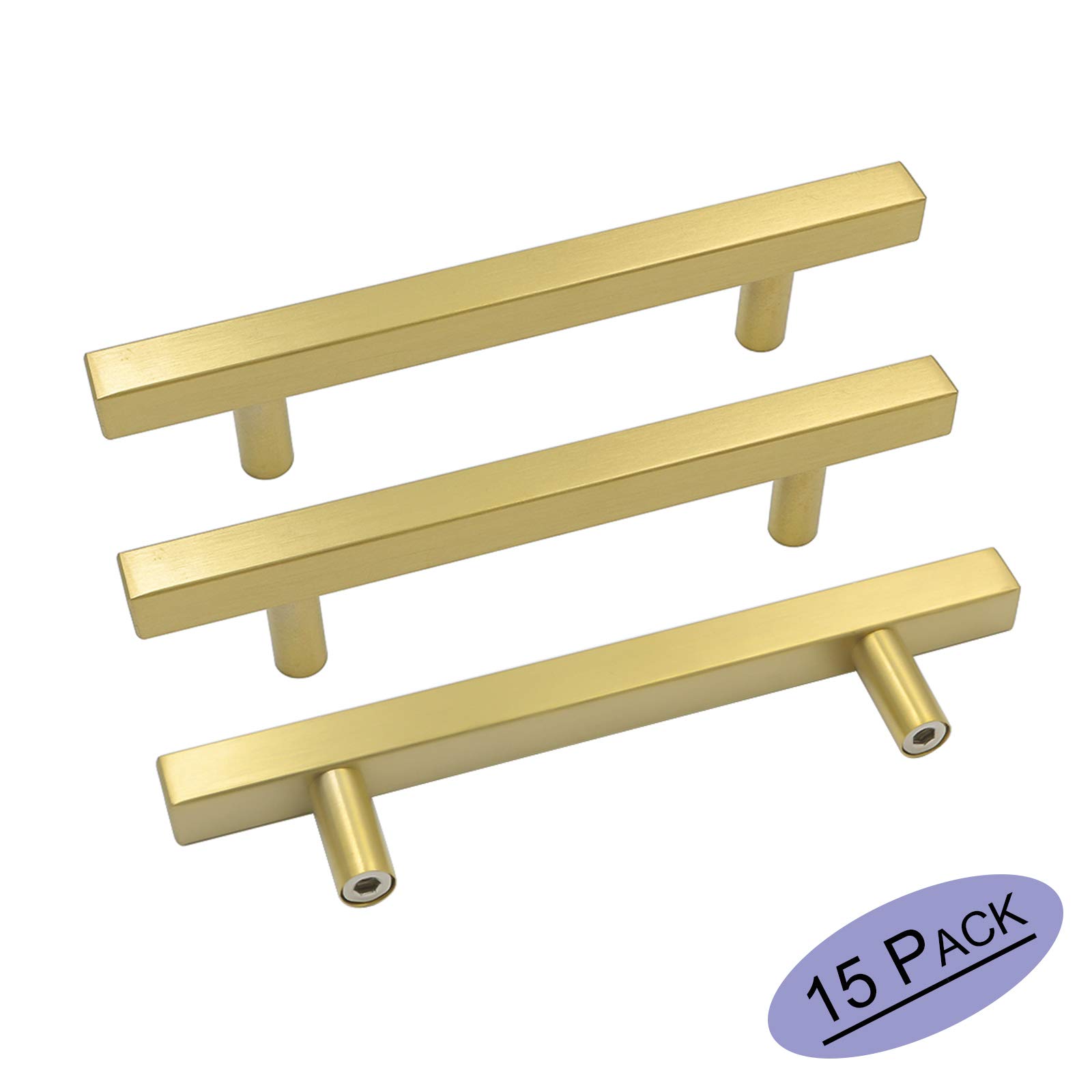 goldenwarm Gold Cabinet Pulls 5in Drawer Pulls 15 Pack - LS1212GD128 Cabinet Handles Modern Square T Bar Gold Kitchen Hardware Dresser Drawer Handle Pulls 7-2/5in Overall Length