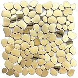 Primoon Golden Metal Pebble Mosaic Tiles, 5 Sheets Stainless Steel Backsplash Mesh Mounted, 12×12 Inches Waterproof Metal Tile, Gold Wall Tiles for Kitchen Bathroom Backsplash Shower Stove Backsplash