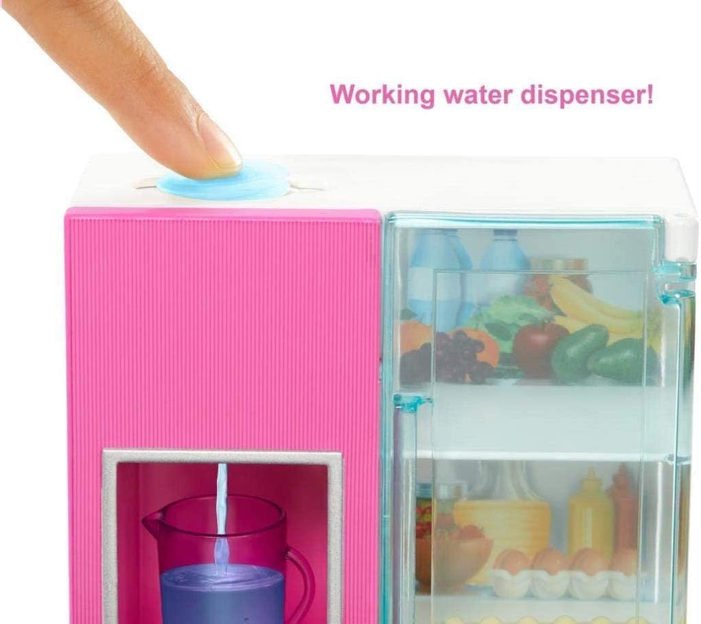Barbie Doll, 11.5-in Blonde, and Furniture Set, Refrigerator with Working Water Dispenser and Three Kitchen Accessories, Gift for 3 to 7 Year Olds