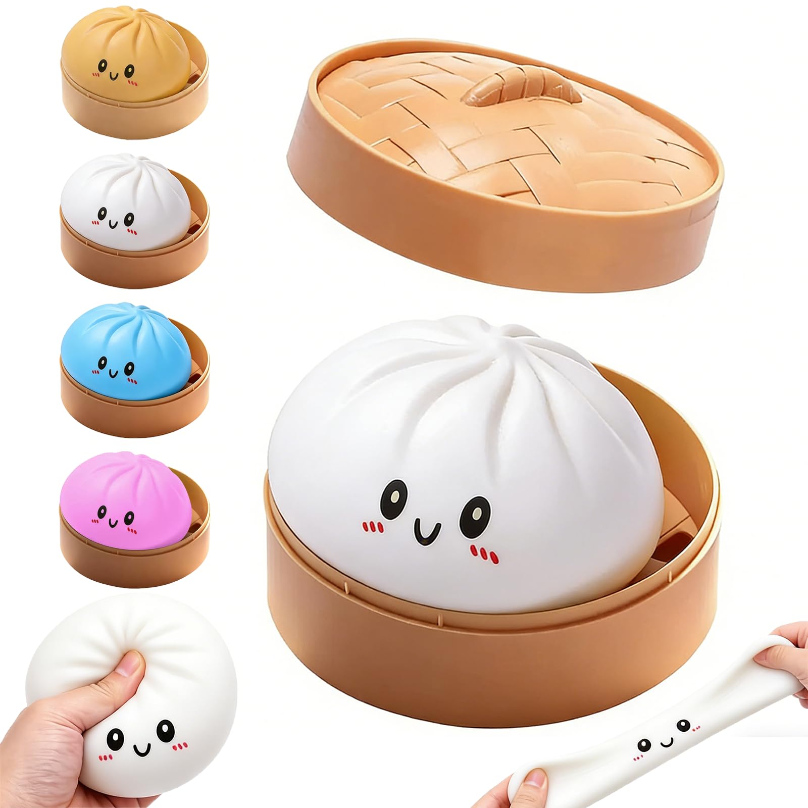 Dumpling Squishy, Colorful Squishy Dumpling Toy with Steamer, Mystery Dumplings Stress Relief Sensory Fidget Toy, Soft Squeeze Decompression Dough Toy for Adult Boys and Girls (White)