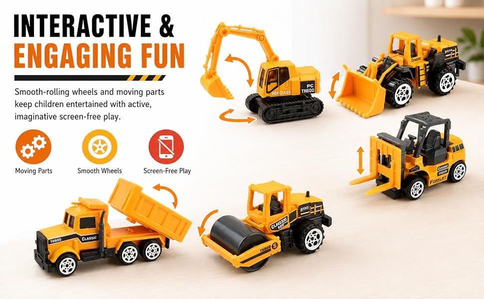Image of Mini Construction Vehicle Toy Set for Kids - 6 PCS Free Wheel Engineering Trucks with Excavator, Bulldozer, Forklift, Dumper, Road Roller & Cement Mixer, Educational Toys
