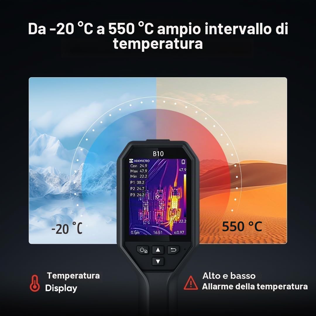 HIKMICRO B10 Telecamera termica con risoluzione 256 x 192 IR con telecamera visiva da 2 MP, misurazione a schermo intero, 25 Hz，LCD 3,2", IP54, intervallo di temperatura -4°F~1022°F