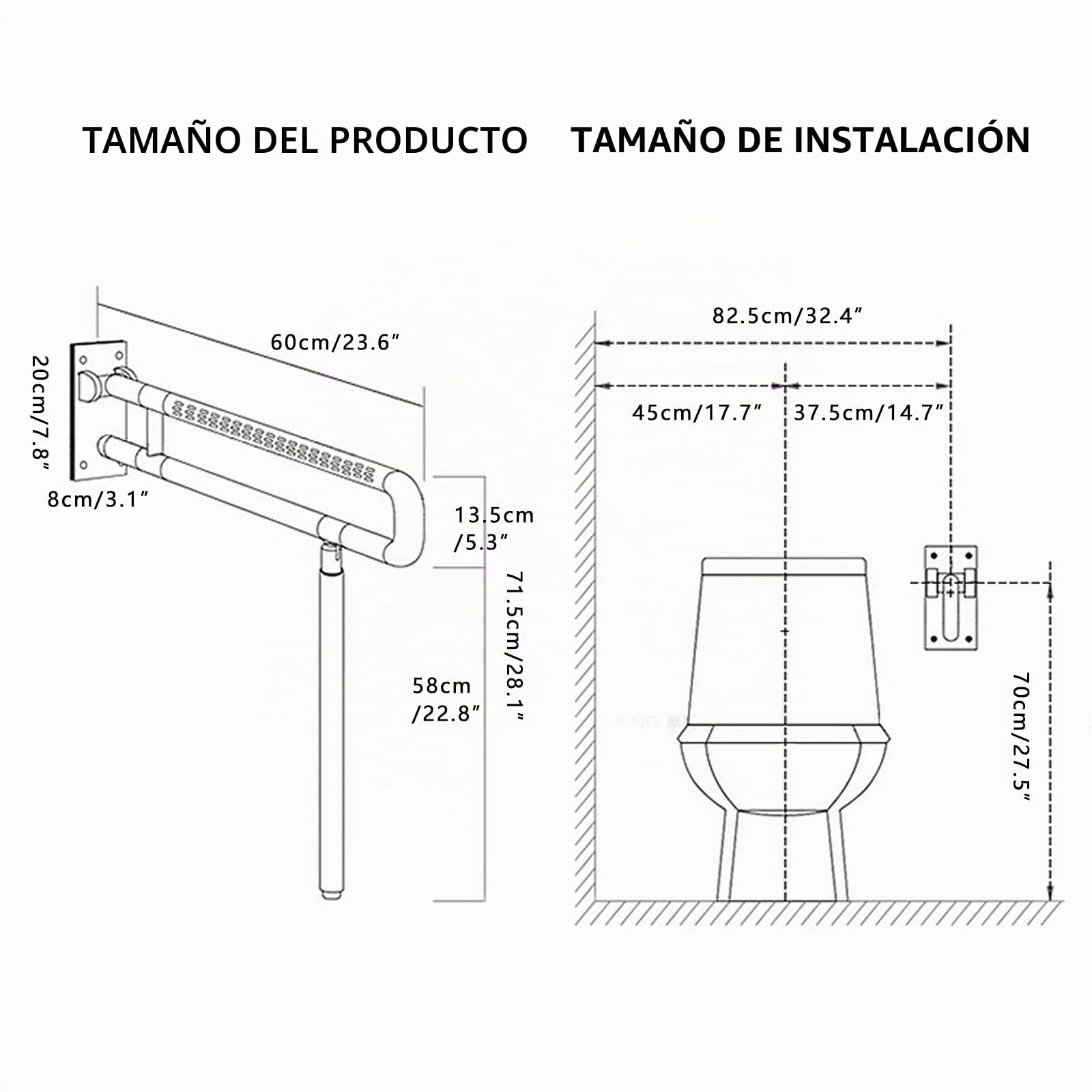 Barra de Apoyo para Inodoro, Plegable Baño De La Barandilla Antideslizante Montaje en Pared Mango de Agarre para Inodoro para Ancianos y Discapacitados (Carga hasta 150 kg (330 lb))