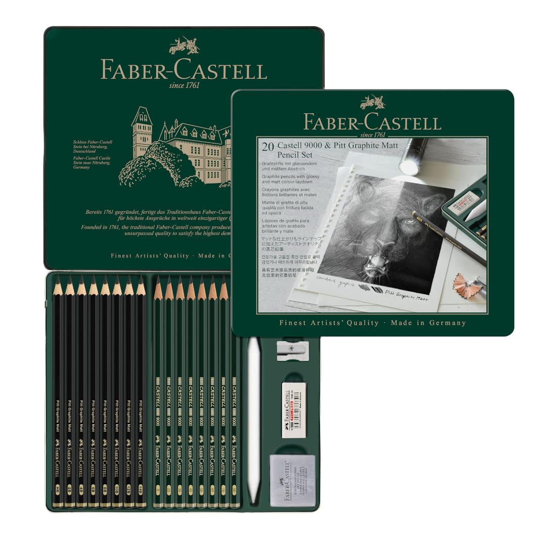 Faber-Castell 115224 - Bleistifte Set Pitt Graphite Matt & Castell 9000, 20-teilig, inkl. Papierwischer, Radierer, Knetradierer und Spitzer | 20-teilig mit 16 Künstlerbleistiften, Papierwischer, Knetradierer, Radierer und Spitzer